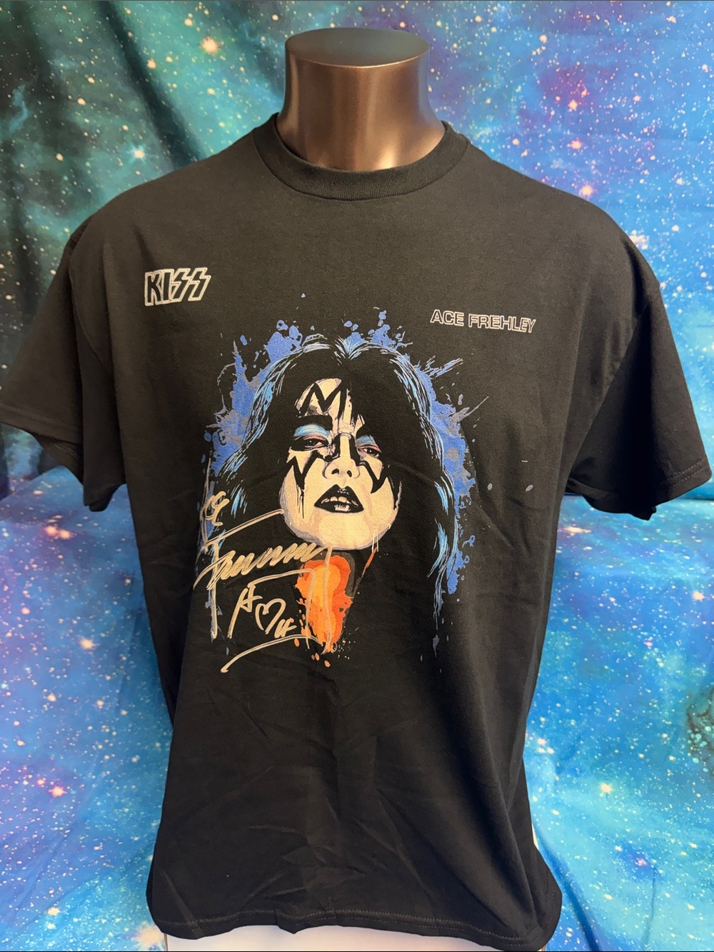 Kiss Black Tee with Blue & Orange Ace Frehley Portrait